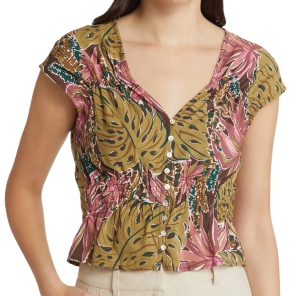 NEW Madewell Linen Blend Monstera Leaf Tropical V-Neck Top Women’s Size XS